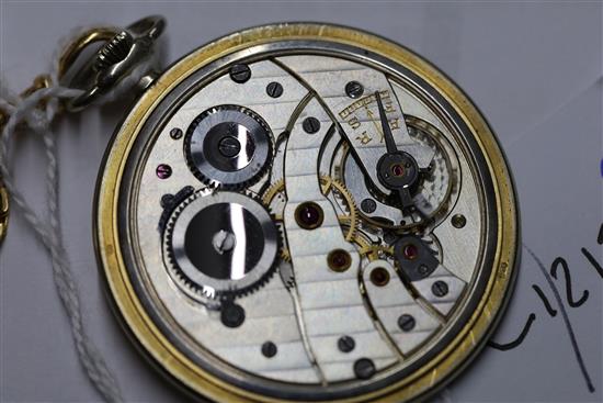 An 18ct two colour gold keyless dress pocket watch and an 18ct gold albert hung with a coin, medallion and 9ct gold swizzle stick,